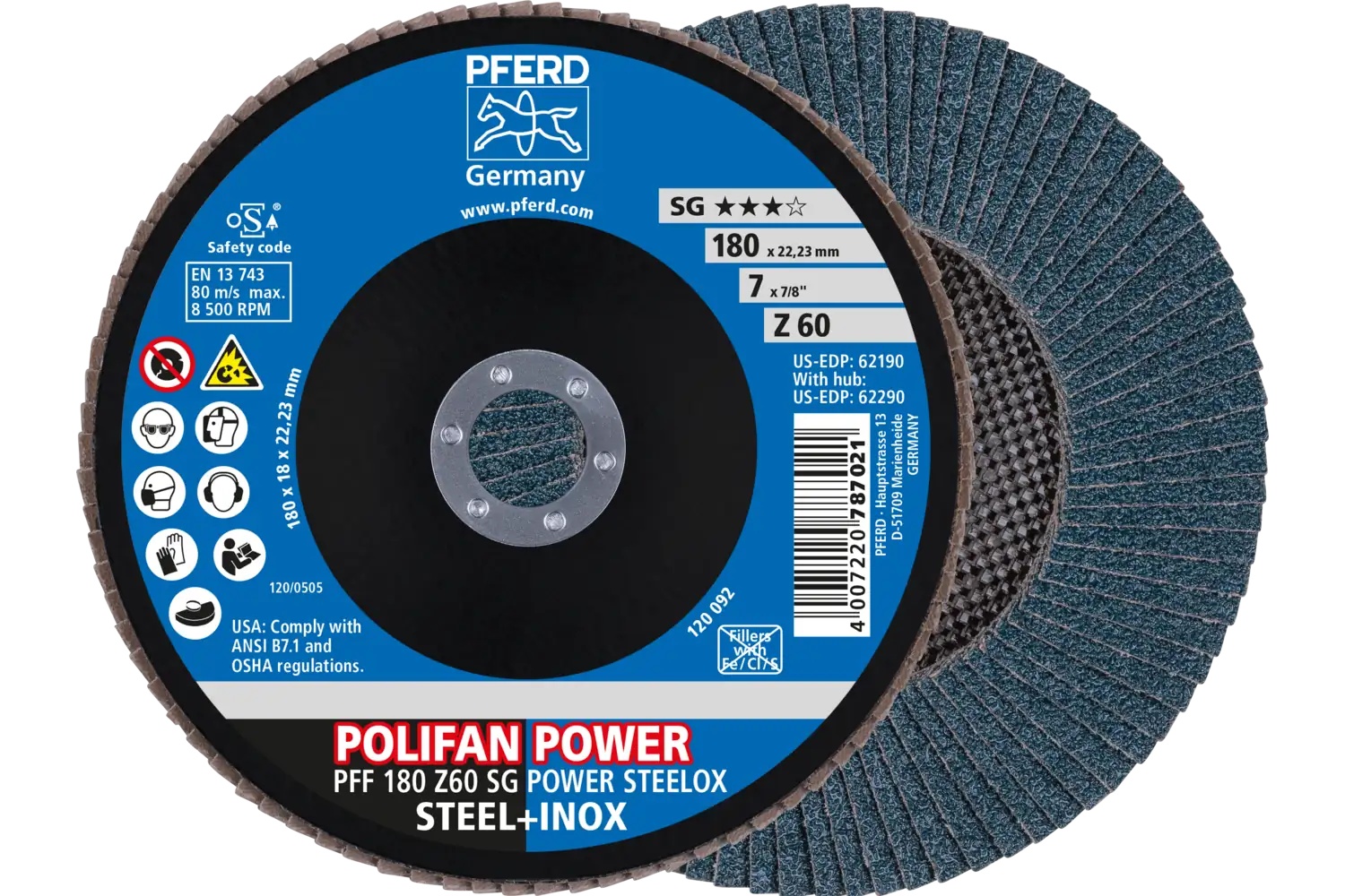 Picture of Pferd Flap Disc, 7" x 7/8, Z SG Power Steelox, 60 Grit, T27, Flat, Zirconia